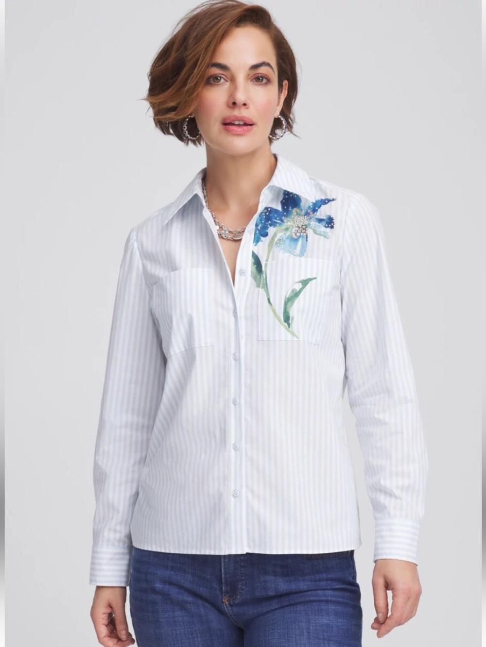 Floral Stripe Poplin Collared Shirt